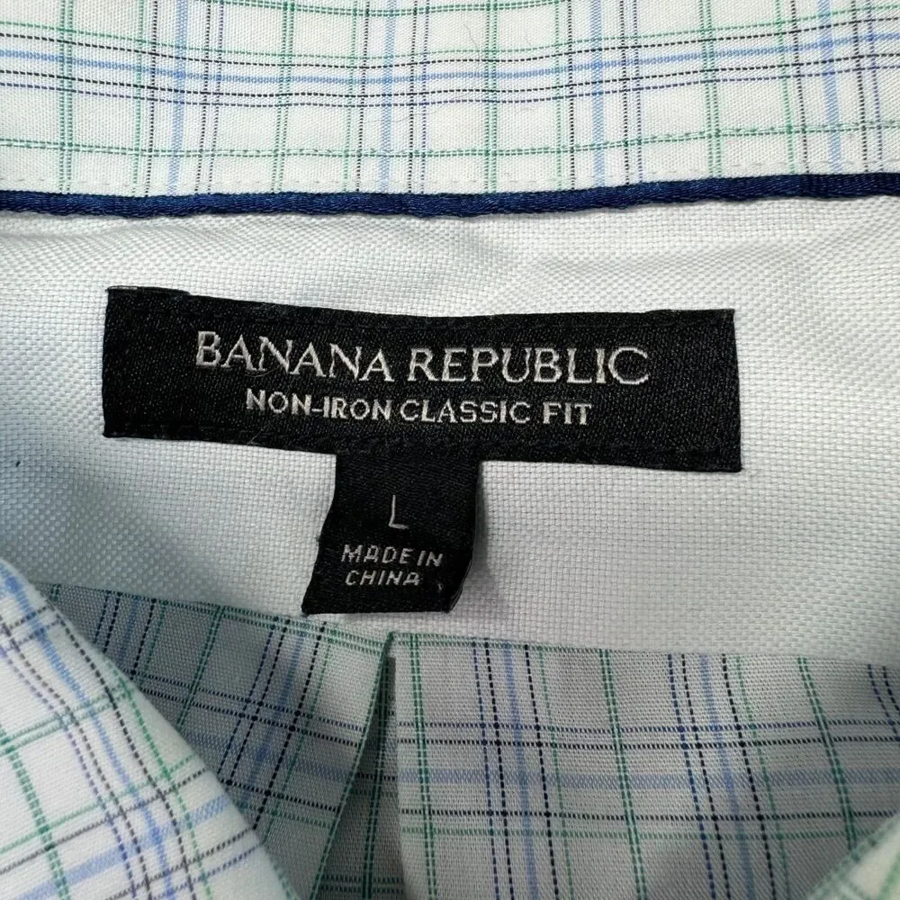 Banana Republic Shirt Men's Large White Blue Non Iron Classic Fit Button Up Top